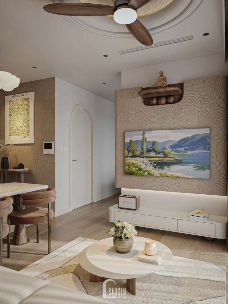 Không gian phòng khách sang trọng tại thiết kế nội thất căn hộ 3 ngủ dự án Masteri Vinhomes Ocean Park 

